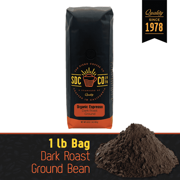 San Diego Coffee Organic Espresso, Dark Roast, Ground Coffee, 16-Ounce Bag