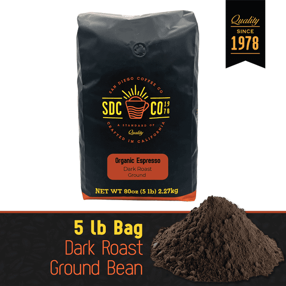 San Diego Coffee Organic Espresso, Dark Roast, Ground Coffee, 5-Pound Bag