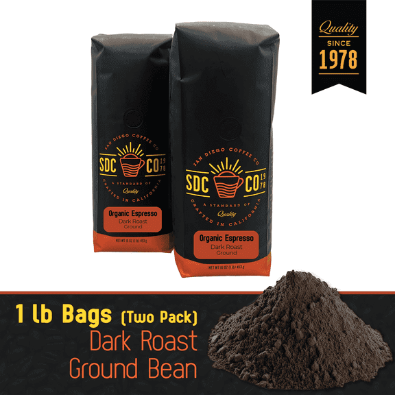 San Diego Coffee Organic Espresso, Dark Roast, Ground Coffee, 16-Ounce Bags (Pack of 2)