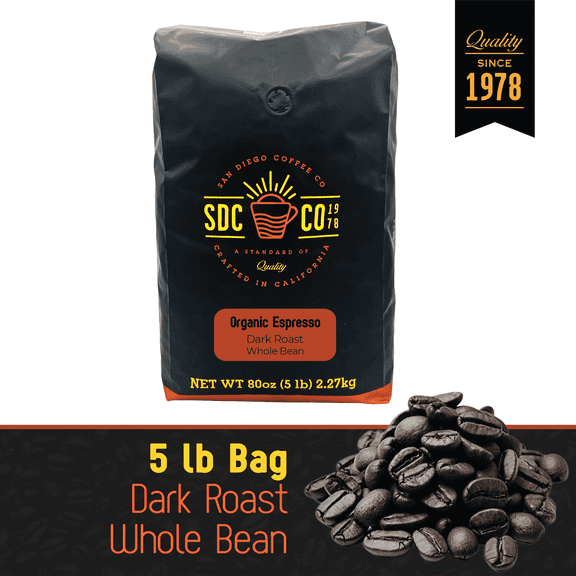 San Diego Coffee Organic Espresso, Dark Roast, Whole Bean Coffee, 5-Pound Bag