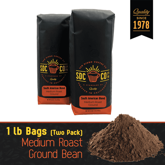 San Diego Coffee South American Blend, Medium Roast, Ground Coffee, 16-Ounce Bags (Pack of 2)