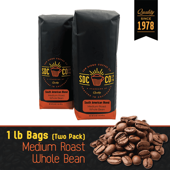 San Diego Coffee South American Blend, Medium Roast, Whole Bean Coffee, 16-Ounce Bags (Pack of 2)