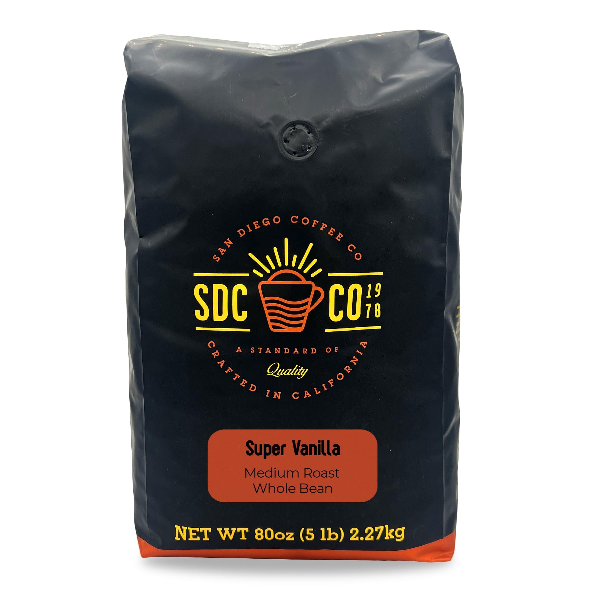 San Diego Coffee Super Vanilla, Medium Roast, Whole Bean Coffee, 5
