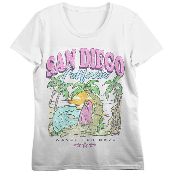 San Diego Distressed Beach Illustration Crew Neck Short Sleeve Women's White T-shirt-XL