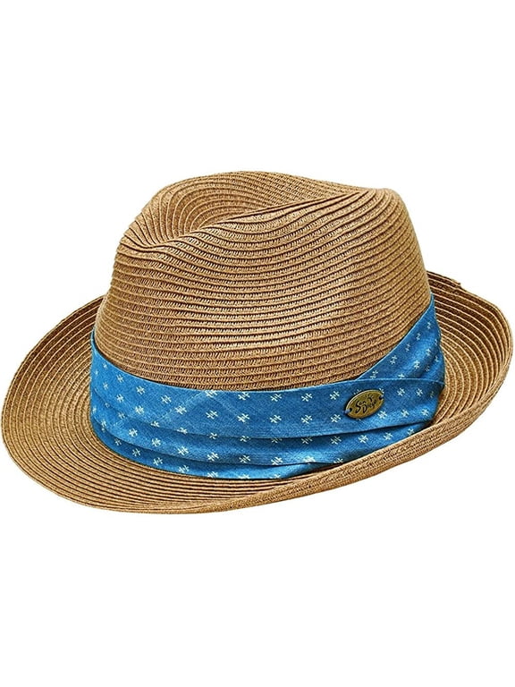 San Diego Hat Company Men's Blue Twill Band SDTA Pin Paperbraid Fedora Hat, Natural (Lg-XL)