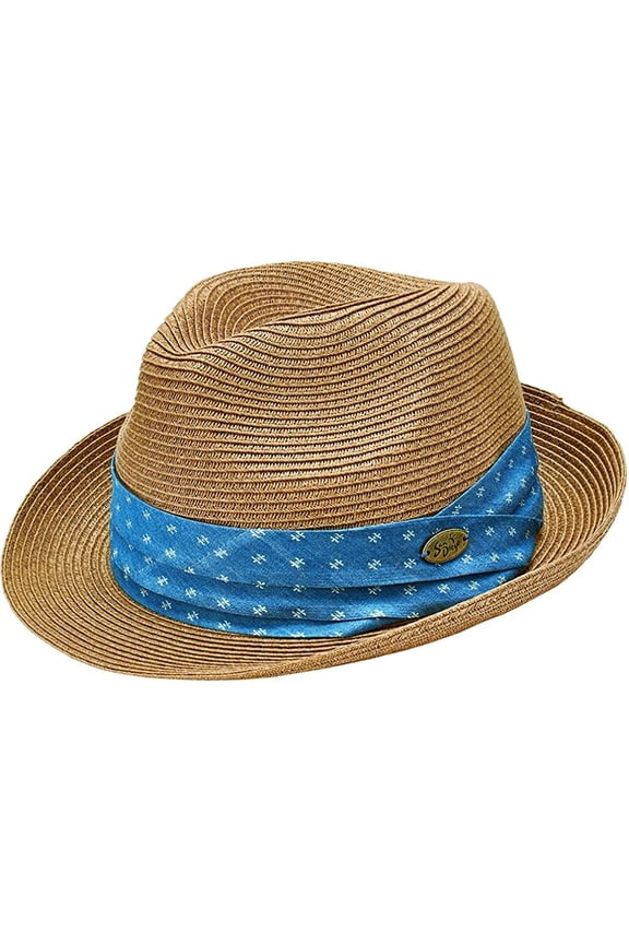 San Diego Hat Company Men's Blue Twill Band SDTA Pin Paperbraid Fedora Hat, Natural (Lg-XL)