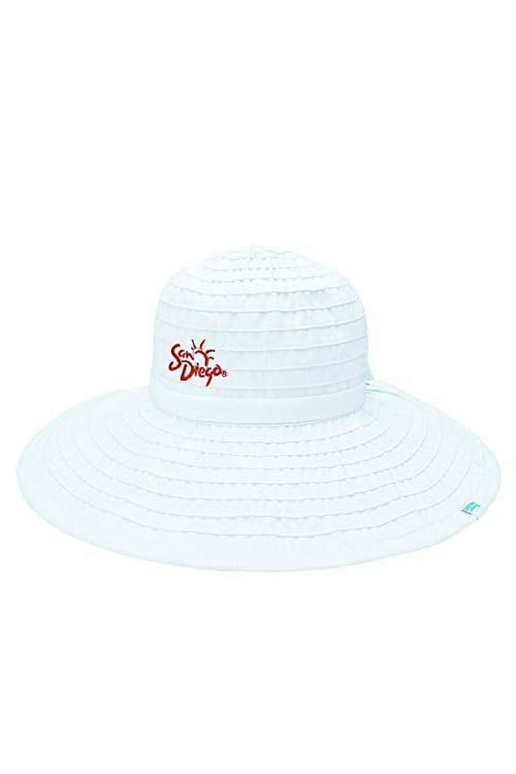 San Diego Hat Company SDTA Tourist Authority Women's White Floppy Embroidery with Ribbon One Size Adjustable Happiness is Calling HIC Packable UPF50+