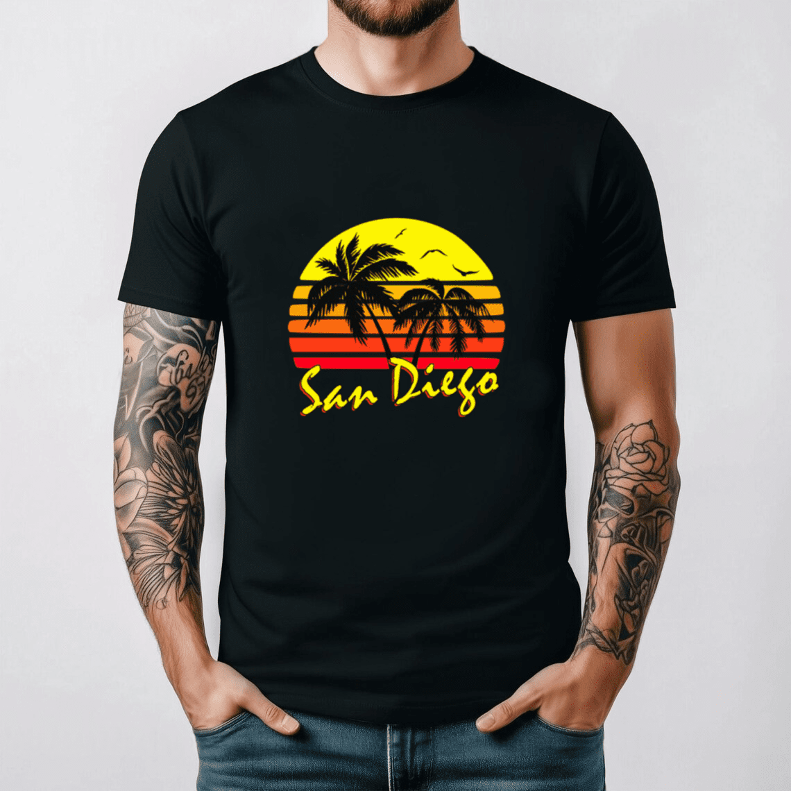 San Diego Retro Sunset California Coastal Surf Travel Souvenir Unisex T-Shirt, up to size 3XL.