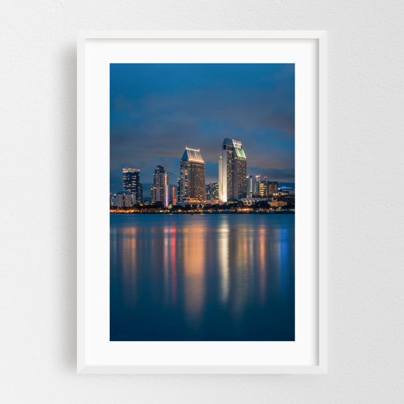 San Diego Skyline 01 - San Diego California Photography Skyline City Nightlife Architecture Harbor Modern Art White Framed Wall Art Print 5 x 7 inches