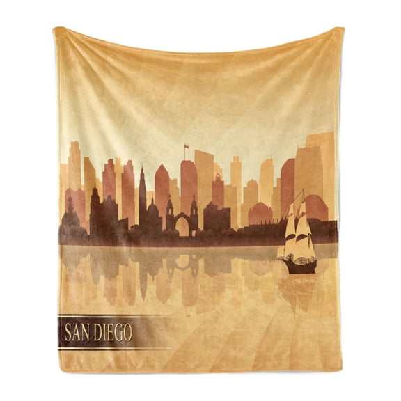 San Diego Soft Flannel Fleece Throw Blanket, City Skyline Silhouette Buildings and Sailing Ship Modern Design, Cozy Plush for Indoor and Outdoor Use, 70" x 90", Pale Orange Cinnamon, by Ambesonne