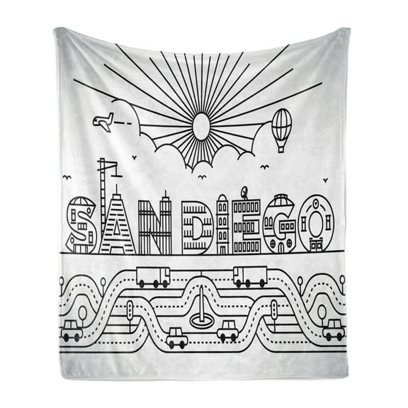 San Diego Soft Flannel Fleece Throw Blanket, City Typography Design with Building Letters Traffic Transportation Roads, Cozy Plush for Indoor and Outdoor Use, 50" x 70", Black and White, by Ambesonne