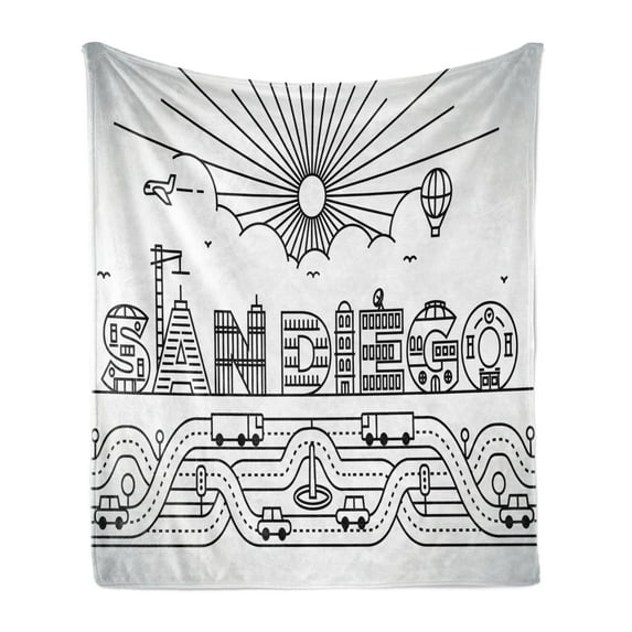 San Diego Soft Flannel Fleece Throw Blanket, City Typography Design with Building Letters Traffic Transportation Roads, Cozy Plush for Indoor and Outdoor Use, 70" x 90", Black and White, by Ambesonne