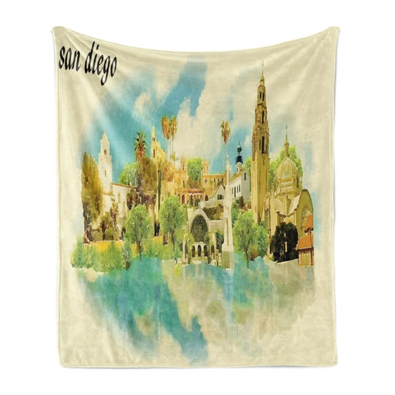 San Diego Soft Flannel Fleece Throw Blanket, Panoramic Cityscape Watercolor Style USA Illustration Tourism Travel Concept, Cozy Plush for Indoor and Outdoor Use, 50" x 60", Multicolor, by Ambesonne