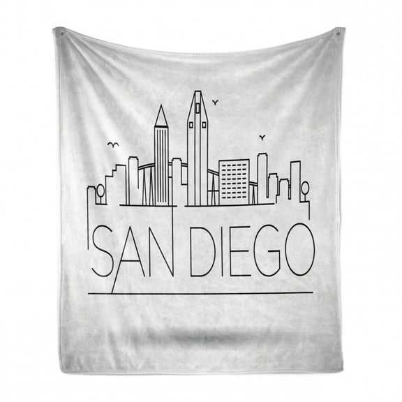 San Diego Soft Flannel Fleece Throw Blanket, San Diego City Silhouette with Typographic Design Abstract Skyline, Cozy Plush for Indoor and Outdoor Use, 60" x 80", Black and White, by Ambesonne