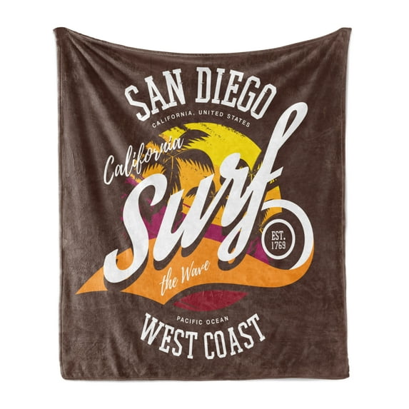 San Diego Soft Flannel Fleece Throw Blanket, Surf Beach Concept with Tropical Palm Trees California Grunge Coastal Design, Cozy Plush for Indoor and Outdoor Use, 70" x 90", Multicolor, by Ambesonne