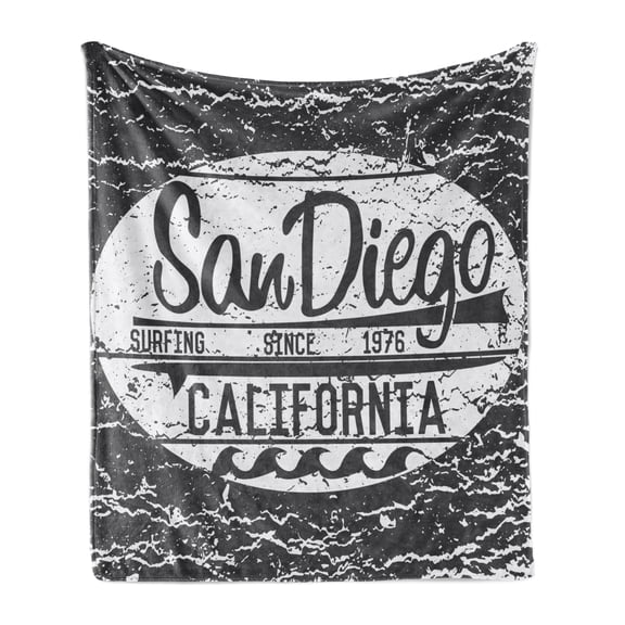 San Diego Soft Flannel Fleece Throw Blanket, Vintage Surf Poster Design in Grey Shades Grungy Ocean Backdrop, Cozy Plush for Indoor and Outdoor Use, 70" x 90", Charcoal Grey Pale Grey, by Ambesonne