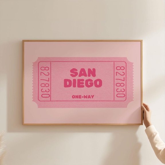 San Diego Ticket Poster | Pink Pastel Retro City Art, Vibrant Decor & Typography Landscape Horizontal Wall Art, Unframed Poster Size 12x18