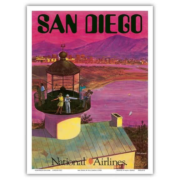San Diego USA - Cabrillo Monument Lighthouse - National Airlines - Vintage Airline Travel Poster by Bill Simon c.1960s - Master Art Print (Unframed) 9in x 12in