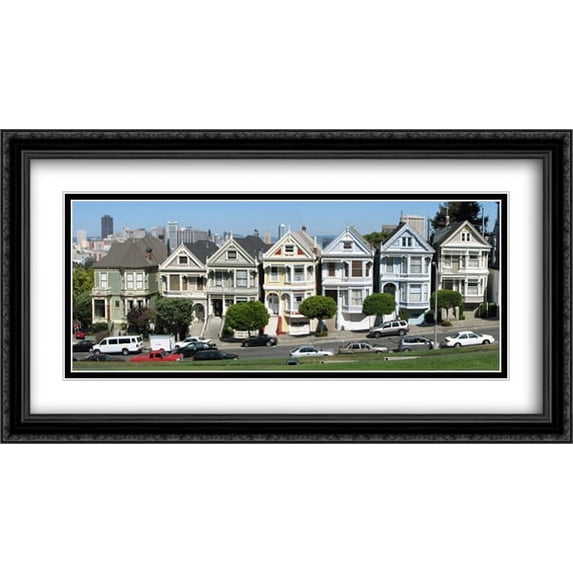 San Francisco Alamo Square Painted Ladies 2x Matted 40x22 Large Black Ornate Framed Art Print by The Cityscape Art Print Series