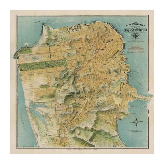San Francisco Art, 1915 Vintage Map of San Francisco California, CA History Wall Decor Gift, Old San Francisco Map - 42" x 42" Unframed Print