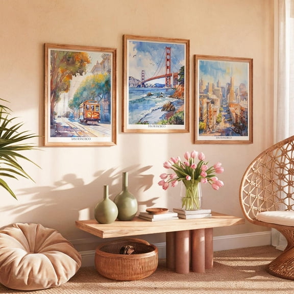 San Francisco Art Print Golden Gate Cable Car Cityscape Set 3 Stretched Canvas 8x12