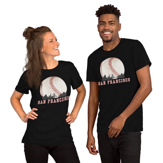 San Francisco Baseball Skyline T-Shirt, Vintage Bridge and City Graphic Tee (Black, XL)