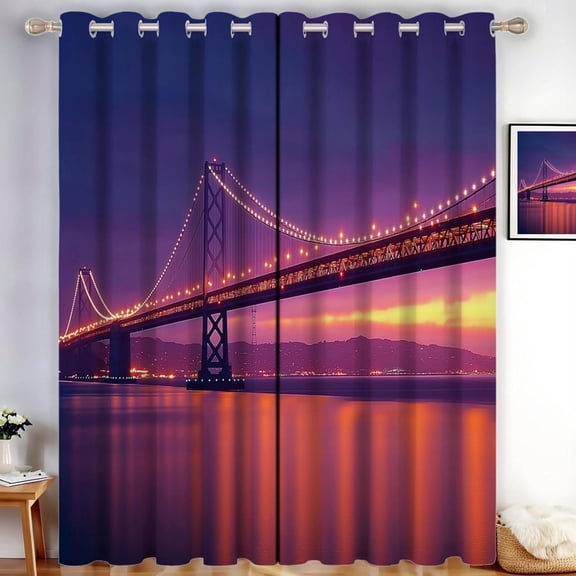 San Francisco Bay Bridge Blackout Curtains Eyelet Curtains Cityscape Window Treatment Sets Privacy Light Filter Curtains For Living Room Bedroom, Purple 38"W x 45"L (Pack of 2)