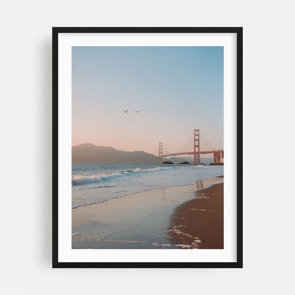 San Francisco Beach Sunset II - San Francisco California Photography Bridge Seascape Sunset Landscape Ocean Coast Beach Black Framed Wall Art Print 5 x 7 inches