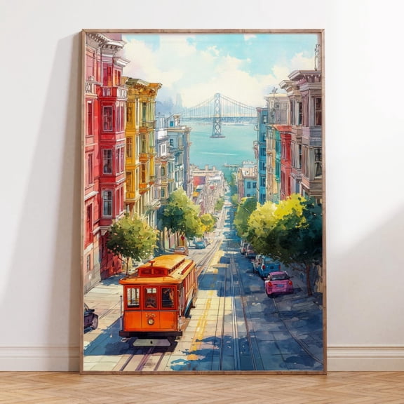 San Francisco Cable Car Bay Bridge Colorful Street Art, Unframed Paper Print Size 8x12