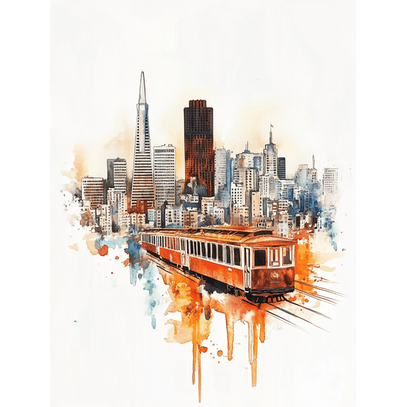 San Francisco Cable Car Cityscape Watercolor Painting/Canvas Print Suitable for Living Room Bedroom Office Dining Room and Hotel Decoration.