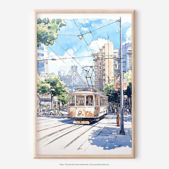 San Francisco Cable Car Watercolor Wall Art Print For Urban Travel Decor