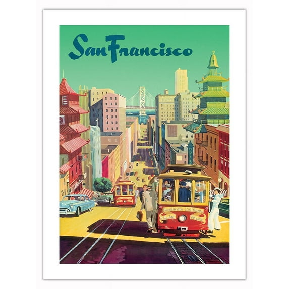San Francisco - Cable Cars - Vintage Airline Travel Poster by David Klein c.1950s - Bamboo Fine Art 290gsm Paper Print (Unframed) 18x24in