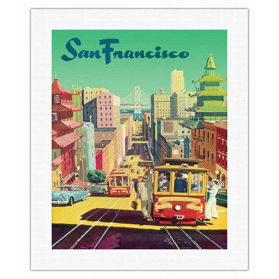 San Francisco - Cable Cars - Vintage Airline Travel Poster by David Klein c.1950s - Fine Art Rolled Canvas Print 16in x 20in