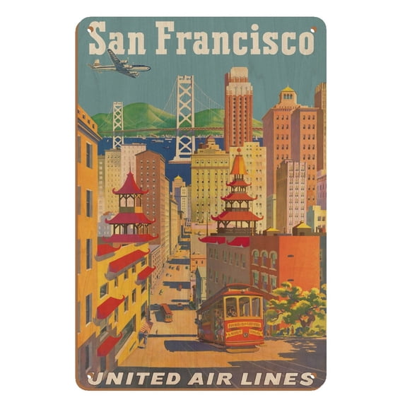 San Francisco California - Cable Car in Chinatown - United Air Lines - Vintage Airline Travel Poster by Joseph Fehér c.1950s - 8 x 12 inch Vintage Wood Art Sign