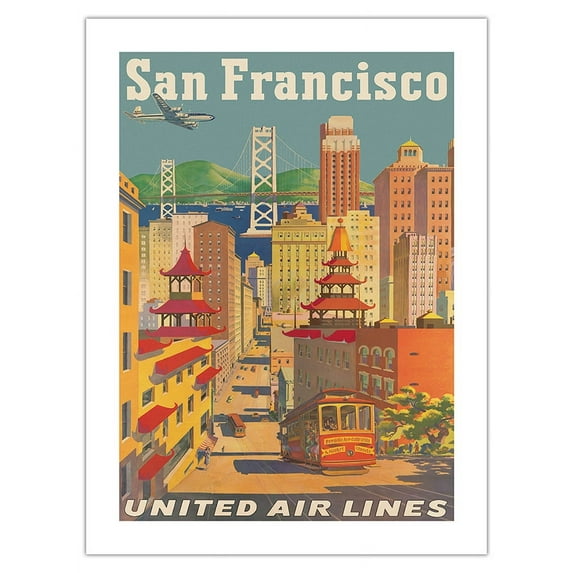 San Francisco California - Cable Car in Chinatown - United Air Lines - Vintage Airline Travel Poster by Joseph Fehér c.1950s - Fine Art Matte Paper Print (Unframed) 18x24in