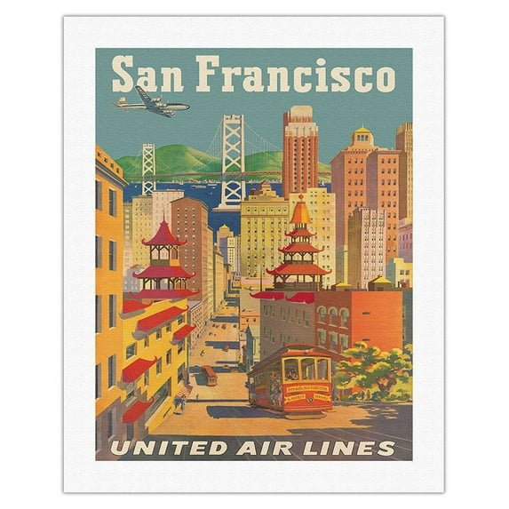 San Francisco California - Cable Car in Chinatown - United Air Lines - Vintage Airline Travel Poster by Joseph Fehér c.1950s - Fine Art Rolled Canvas Print 20in x 26in
