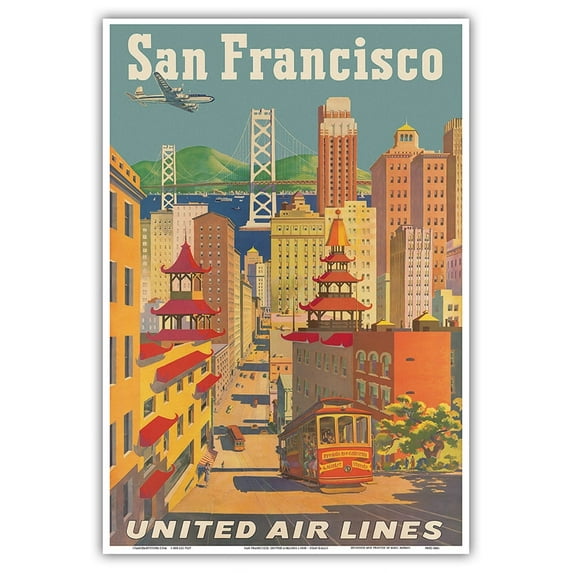 San Francisco California - Cable Car in Chinatown - United Air Lines - Vintage Airline Travel Poster by Joseph Fehér c.1950s - Master Art Print (Unframed) 13in x 19in