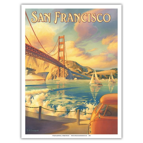 San Francisco California - Golden Gate Bridge - Marin Headlands - Vintage Travel Poster by Kerne Erickson - Master Art Print (Unframed) 9in x 12in