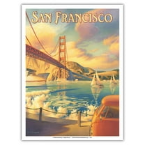 San Francisco California - Golden Gate Bridge - Marin Headlands - Vintage Travel Poster by Kerne Erickson - Master Art Print (Unframed) 9in x 12in