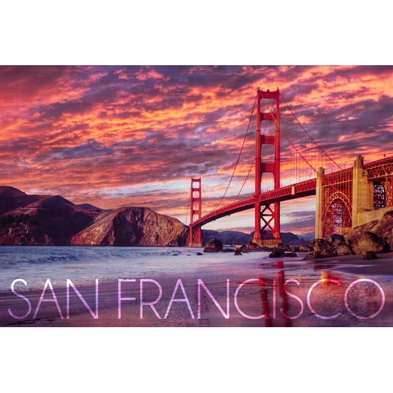 San Francisco, California, Golden Gate Bridge and Sunset (36x54 Giclee Gallery Art Print, Vivid Textured Wall Decor)