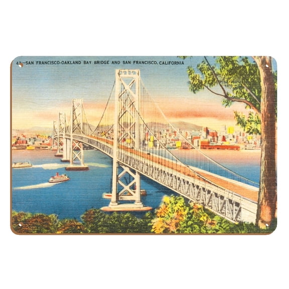 San Francisco California - Oakland Bay Bridge - Vintage Hand Colored Postcard c.1930s - 8 x 12 inch Vintage Wood Art Sign