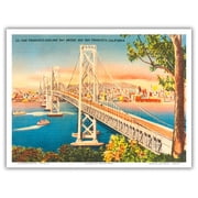 San Francisco California - Oakland Bay Bridge - Vintage Hand Colored Postcard c.1930s - Master Art Print Unframed 9in x 12in