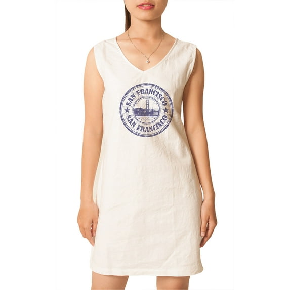 San Francisco - California Print Vintage V-neck Linen Mini Shift Dress WDS_02 18
