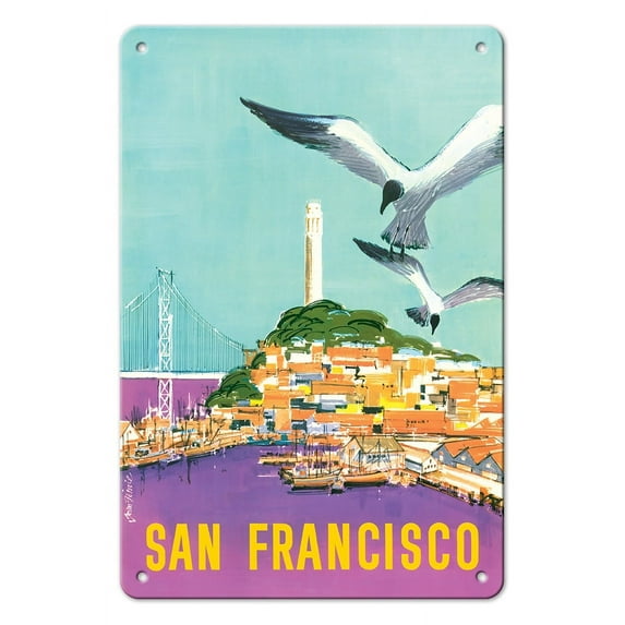 San Francisco California - SF Coit Tower - Vintage Airline Travel Poster by John A. Fernie c.1950s - 8 x 12 inch Vintage Metal Tin Sign