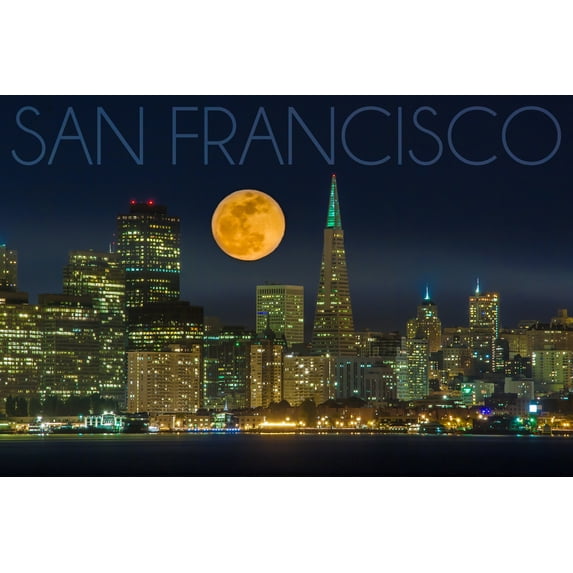 San Francisco, California, Skyline and Full Moon (16x24 Giclee Gallery Art Print, Vivid Textured Wall Decor)