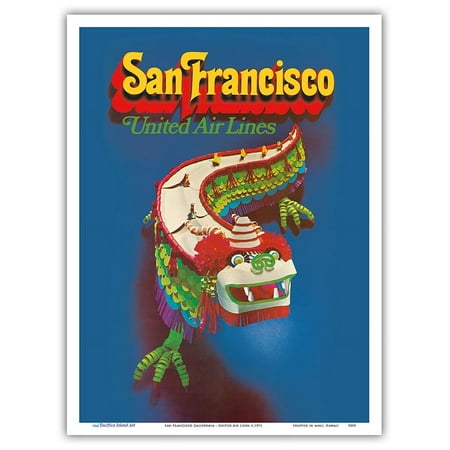 San Francisco California - United Air Lines - Chinese Dragon Dance - Vintage Airline Travel Poster c.1971 - Master Art Print (Unframed) 9in x 12in