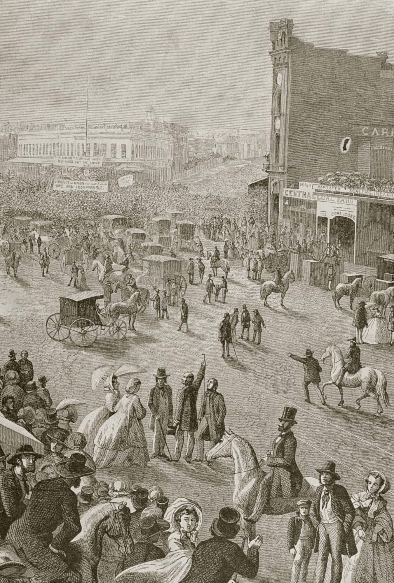 San Francisco California United States Of America A Street Meeting In The 1850S Canvas Art - Ken Welsh Design Pics (12 x 17)