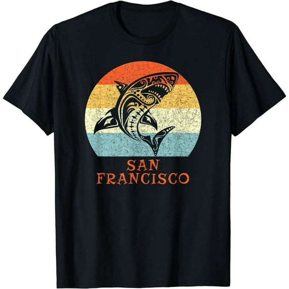 San Francisco, California Vintage Retro Tribal Shark T-Shirt Black 3X-Large