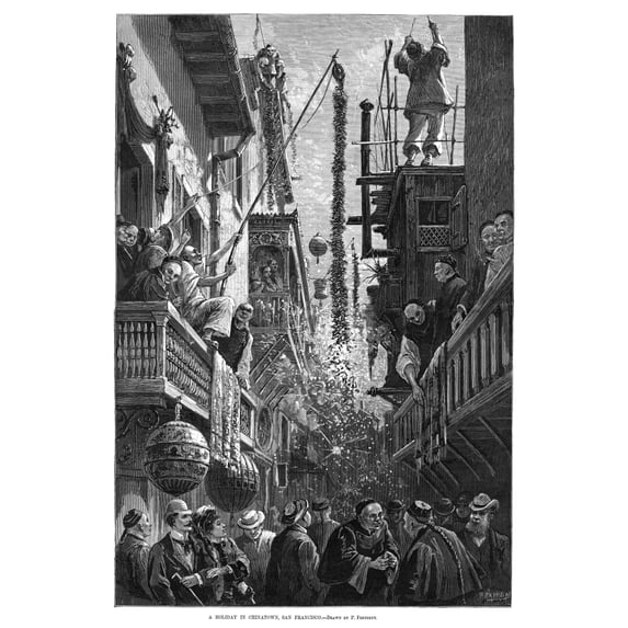 San Francisco Chinatown. Na Celebration In Chinatown San Francisco California. Wood Engraving After A Drawing By Paul