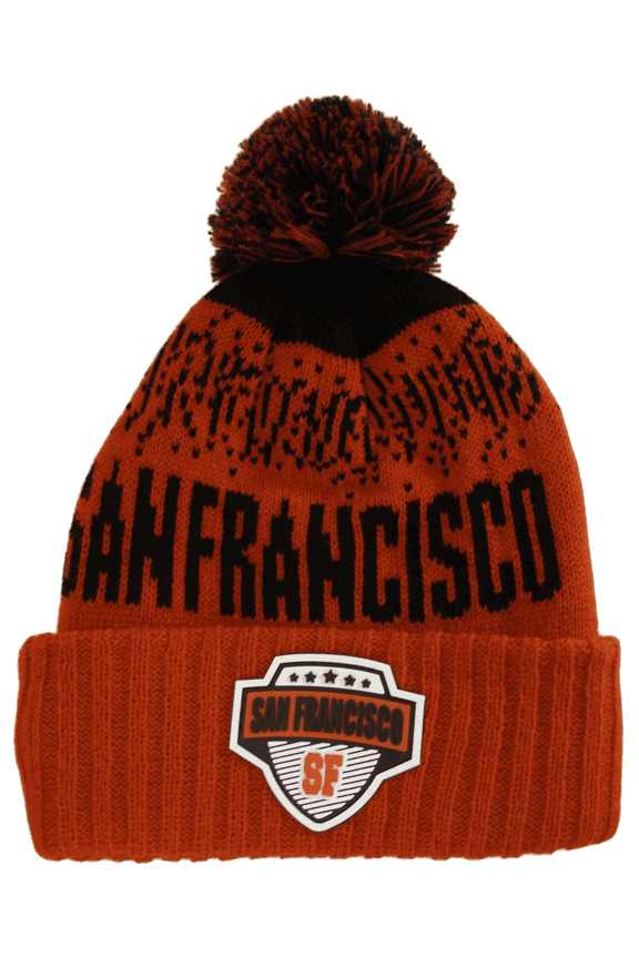 San Francisco City Name Rubber Patch Ribbed Winter Knit Pom Beanie (Red/Black)
